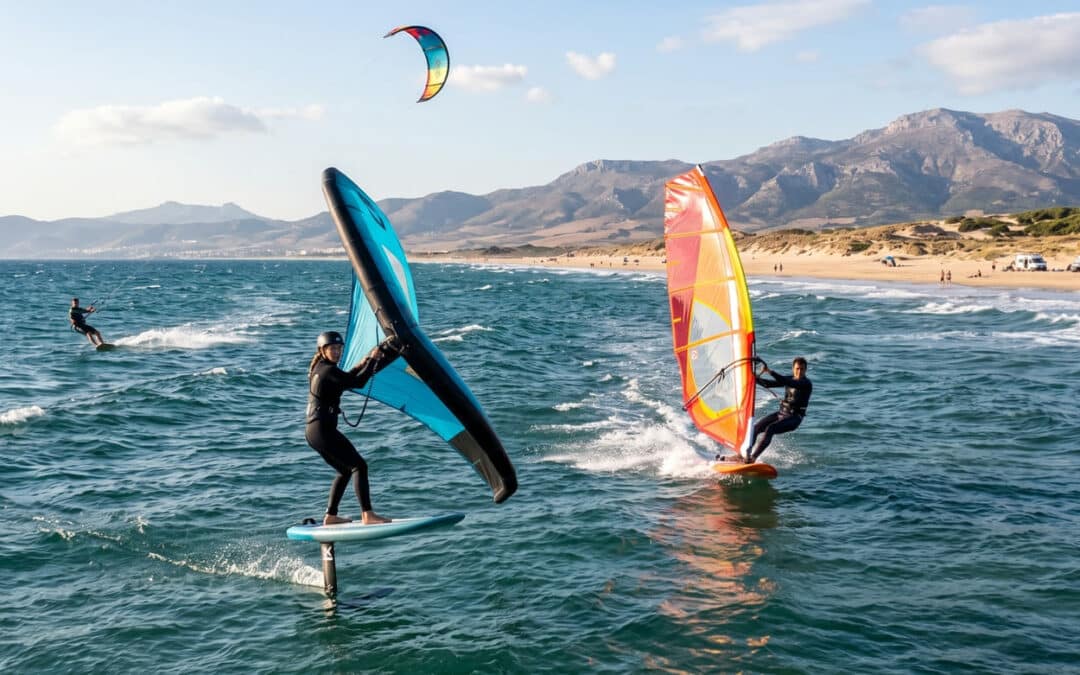 Tres personas practicando wingfoil, windsurf y kitesurf en el mar de la playa de Los Lances en Tarifa, con las dunas, furgonetas camper y las montañas de fondo en un día soleado y ventoso.